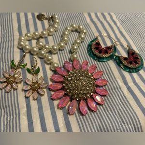 Betsey Johnson Flower necklace earring set & watermelon earrings